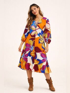 Mlle Gabrielle Abstract Floral Boho Midi Dress M Retro Art Teacher